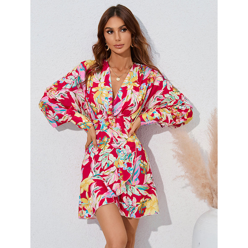 Red Floral Printed Layered A-Line Tulip Mini Dress
