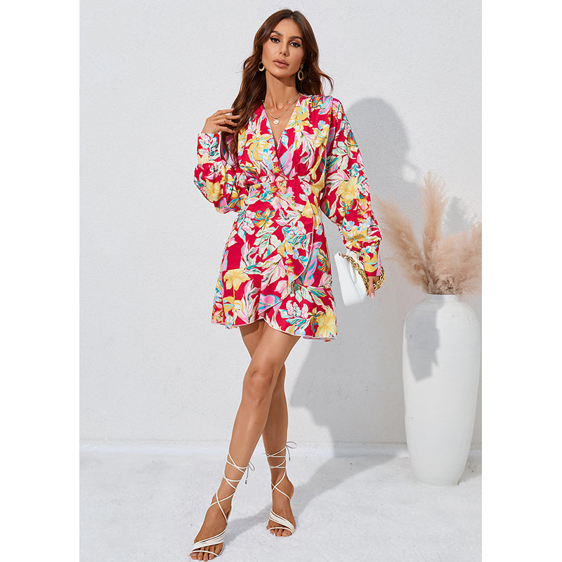 Red Floral Printed Layered A-Line Tulip Mini Dress
