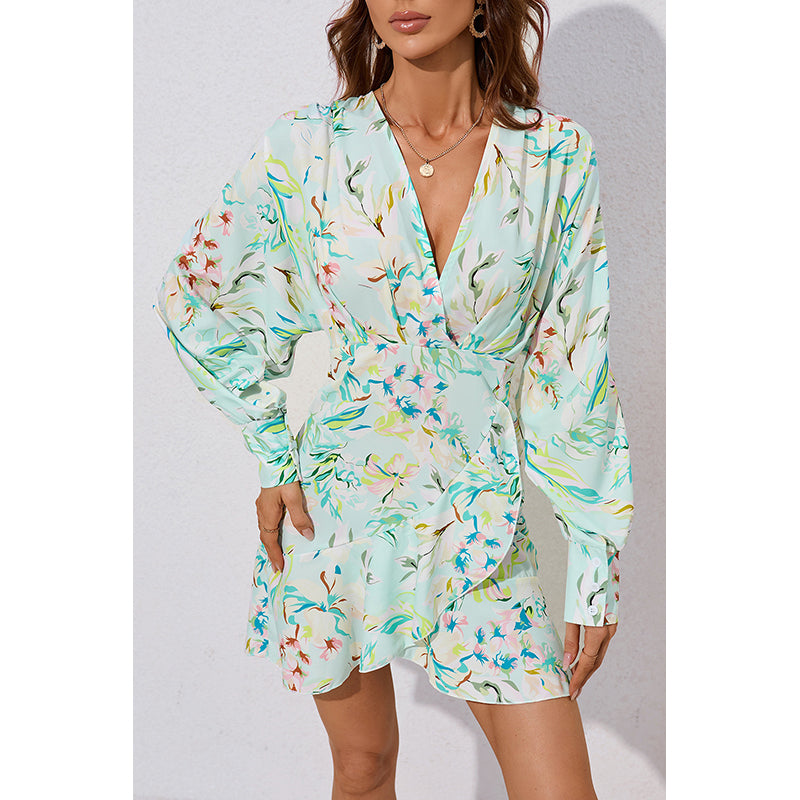 Green Floral Printed Cuffed Sleeves Wrap Mini Dress