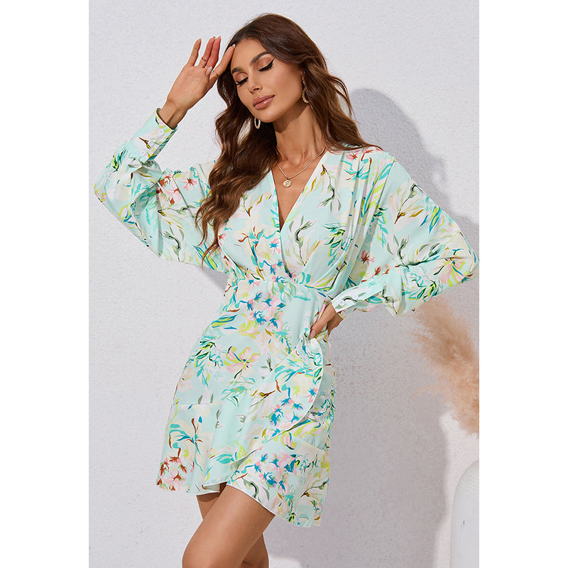 Green Floral Printed Cuffed Sleeves Wrap Mini Dress