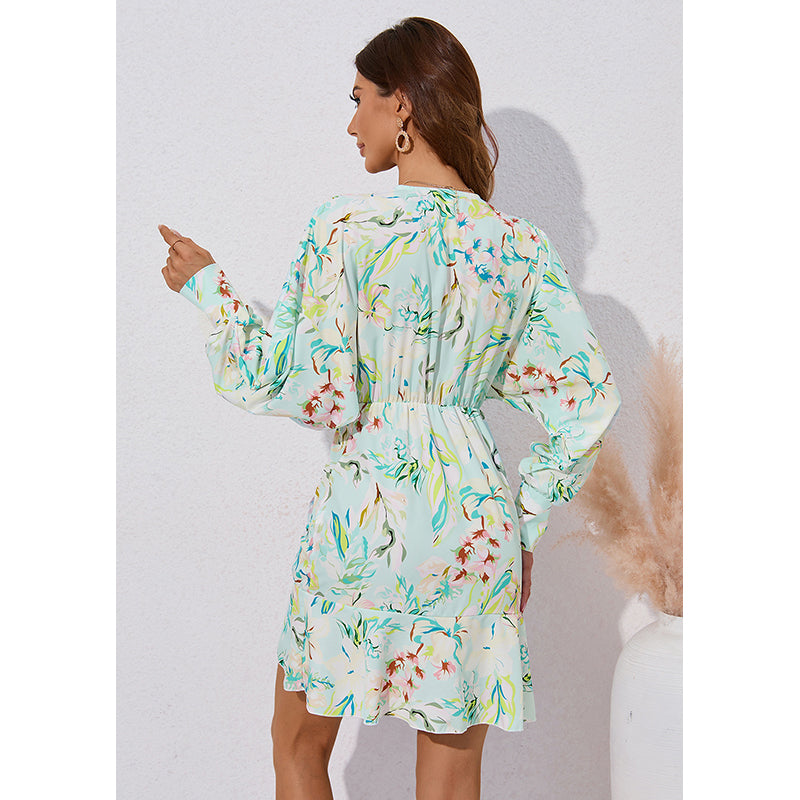 Green Floral Printed Cuffed Sleeves Wrap Mini Dress