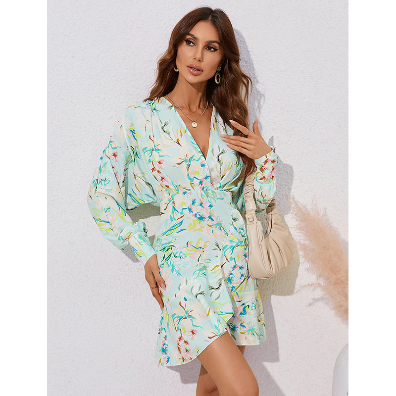 Green Floral Printed Cuffed Sleeves Wrap Mini Dress