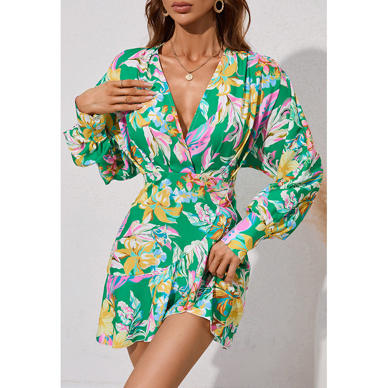 Green Floral Print V-Neck Long Sleeve A-Line Dress