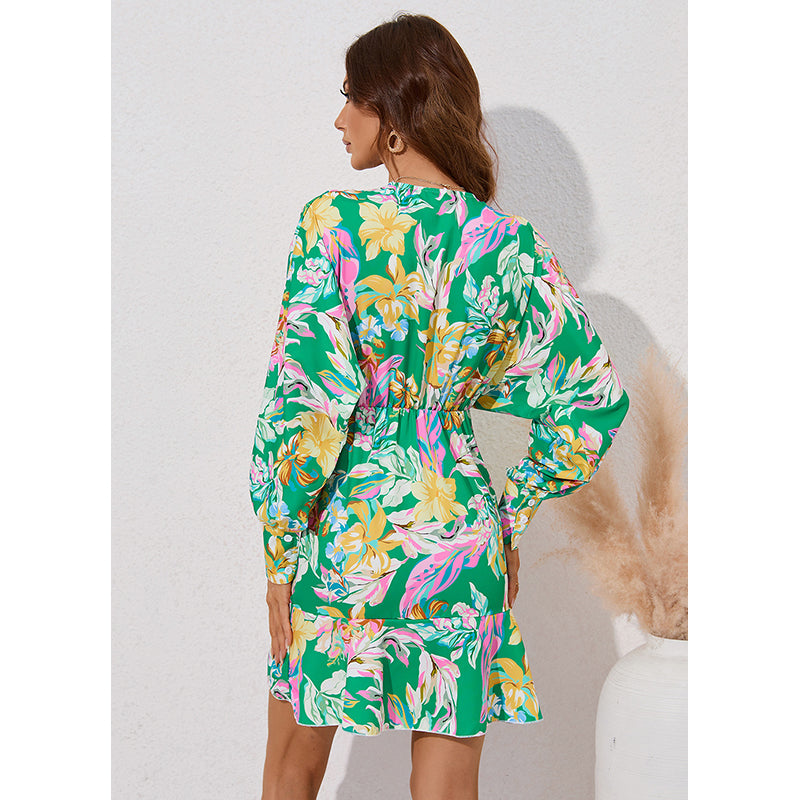Green Floral Print V-Neck Long Sleeve A-Line Dress