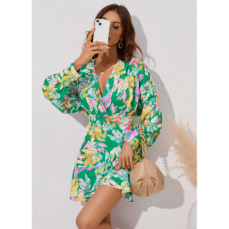 Green Floral Print V-Neck Long Sleeve A-Line Dress
