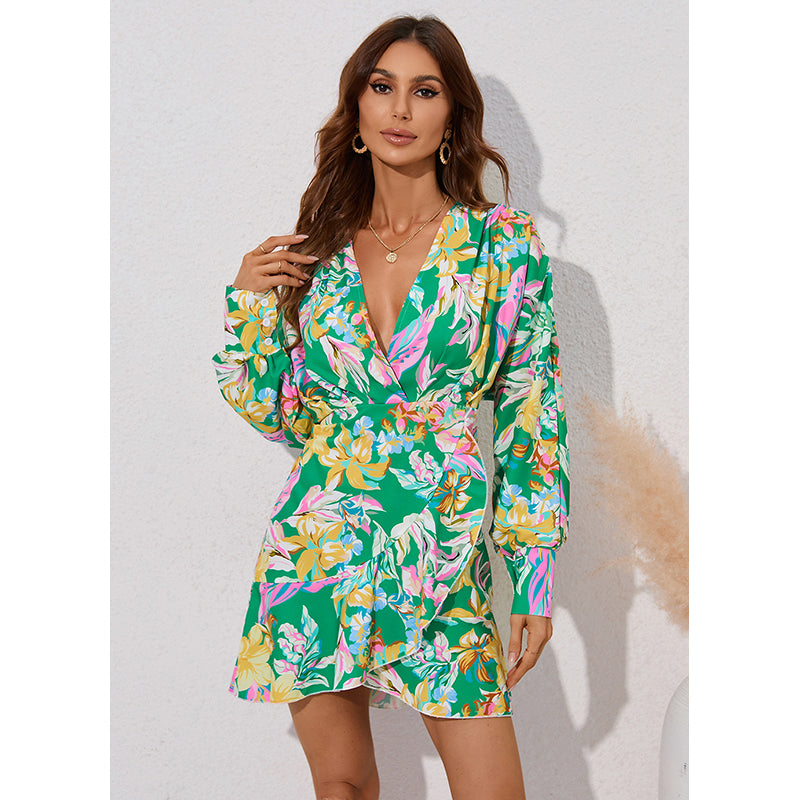 Green Floral Print V-Neck Long Sleeve A-Line Dress