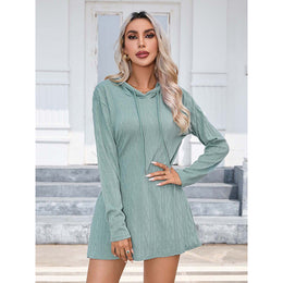 Blue Geometric Printed Hooded Neck Long Sleeve T-shirt Dress