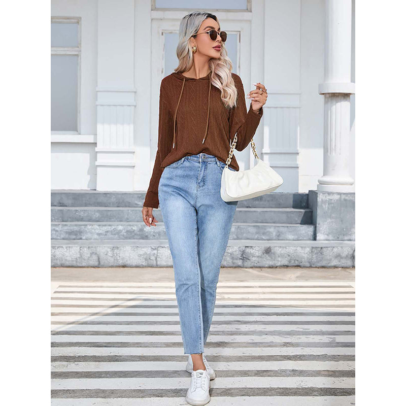 Brown Hooded Cable Knit Pullover