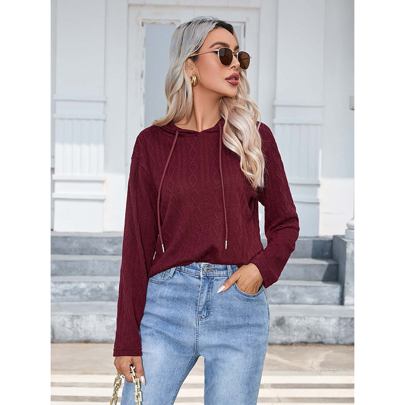 Maroon Hooded Cable Knit Pullover
