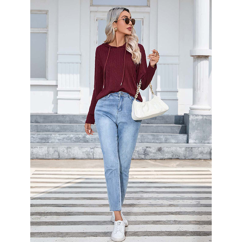 Maroon Hooded Cable Knit Pullover