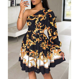 Floral Printed One Shoulder Cuffed Sleeves Gathered Fit & Flare Dress