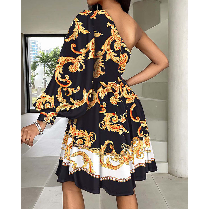 Floral Printed One Shoulder Cuffed Sleeves Gathered Fit & Flare Dress