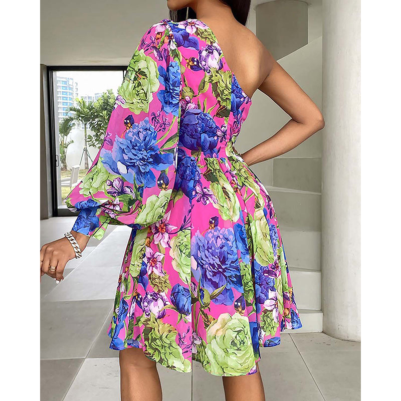 Floral Print One Shoulder Fit & Flare Dress
