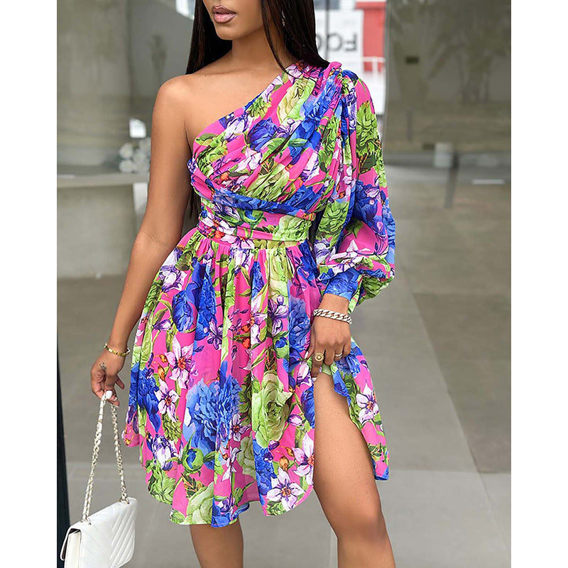 Floral Print One Shoulder Fit & Flare Dress