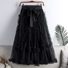 Black Lace Frills Bows and Ruffles Layered Flared Maxi Skirt