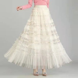 White Frills and Ruffles Flared Maxi Skirt
