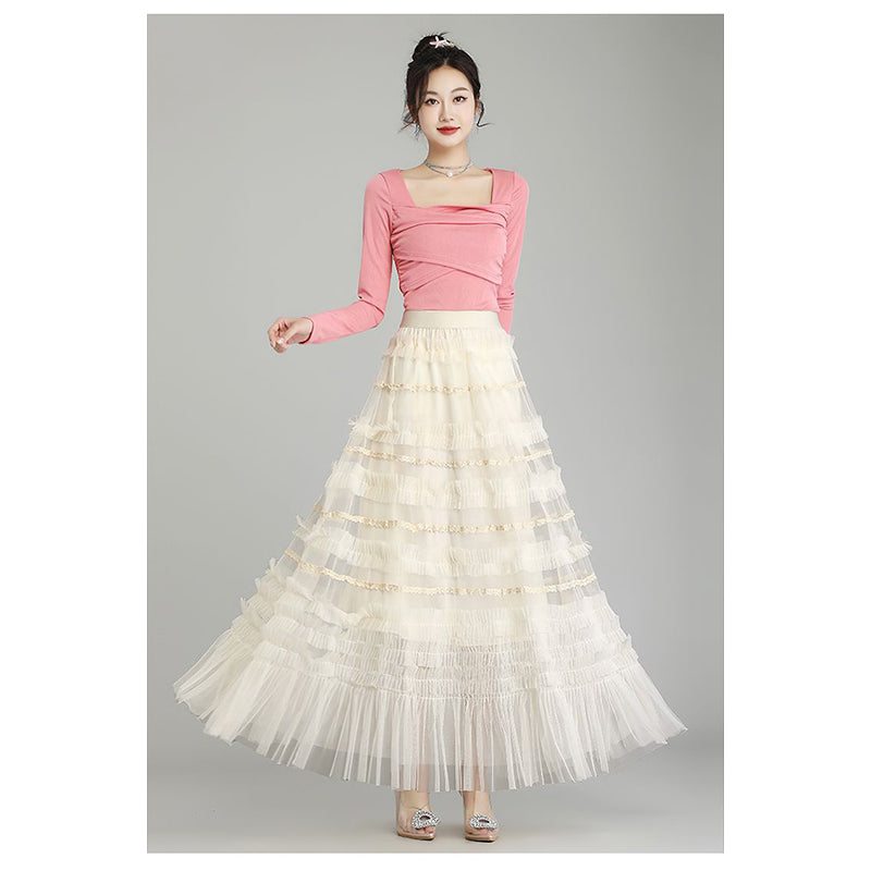 White Frills and Ruffles Flared Maxi Skirt