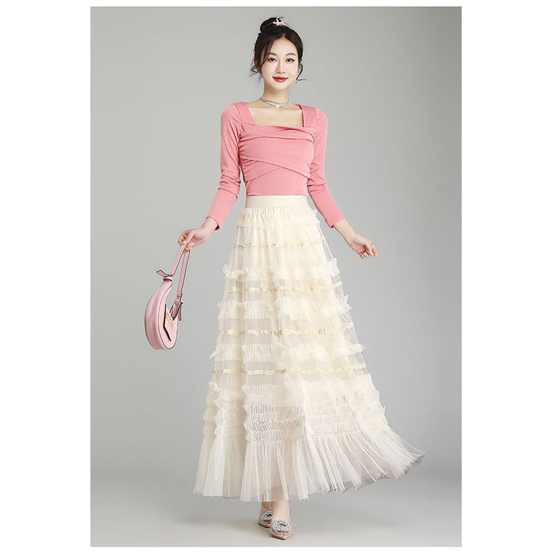 White Frills and Ruffles Flared Maxi Skirt
