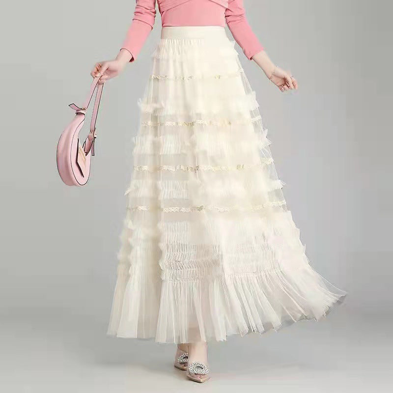 White Frills and Ruffles Flared Maxi Skirt