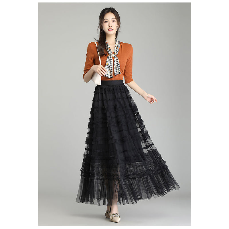 Black Frills and Ruffles Flared Maxi Skirt