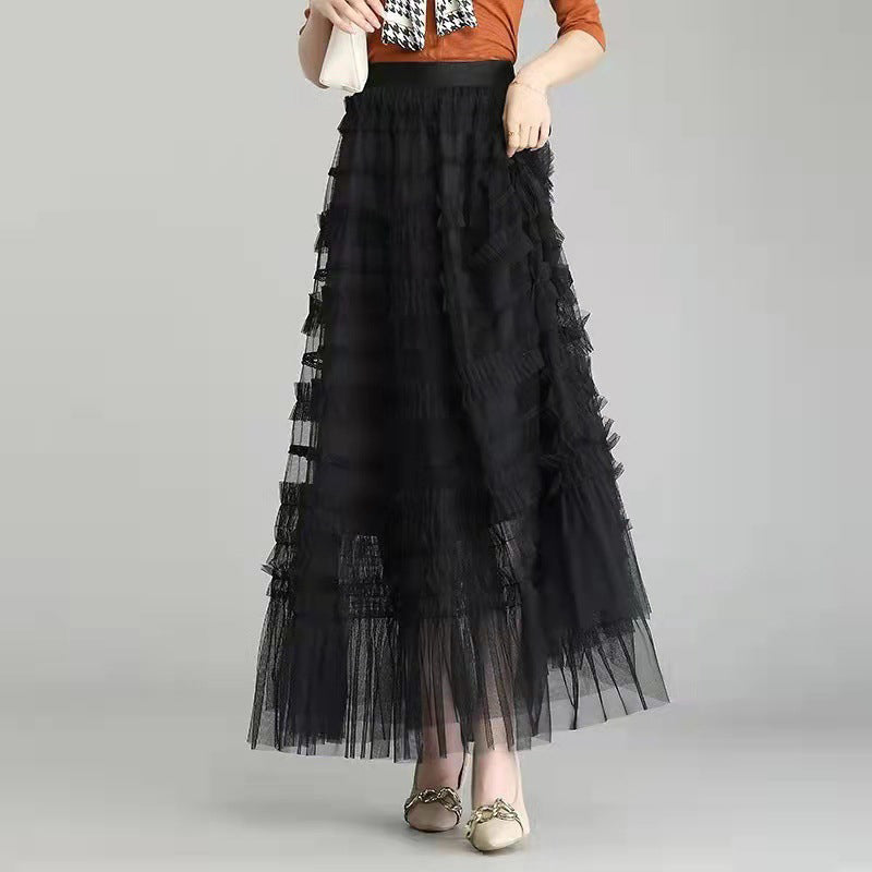 Black Frills and Ruffles Flared Maxi Skirt