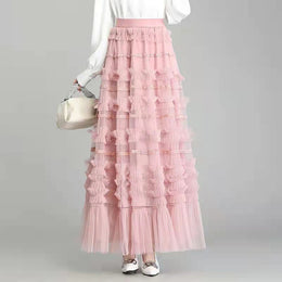 Pink Self Design Ruffles Maxi Flared Balloon Skirt