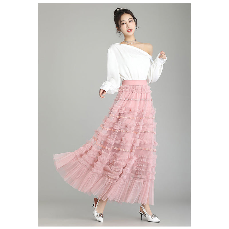 Pink Self Design Ruffles Maxi Flared Balloon Skirt