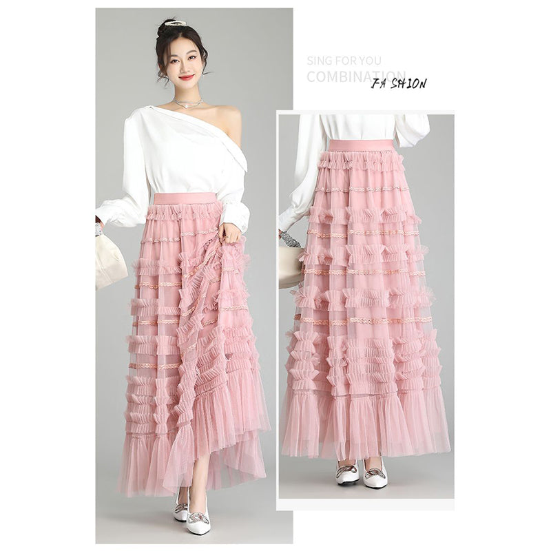 Pink Self Design Ruffles Maxi Flared Balloon Skirt