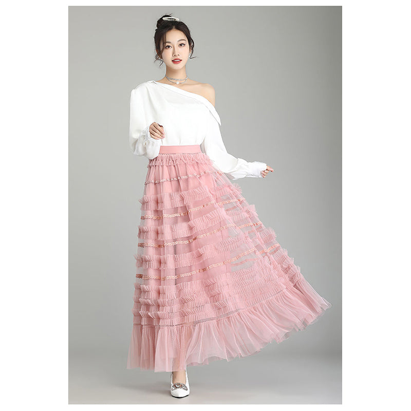 Pink Self Design Ruffles Maxi Flared Balloon Skirt
