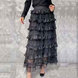 Black Ruffles Tiered Maxi Length Skirt