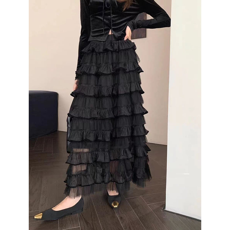 Black Ruffles Tiered Maxi Length Skirt