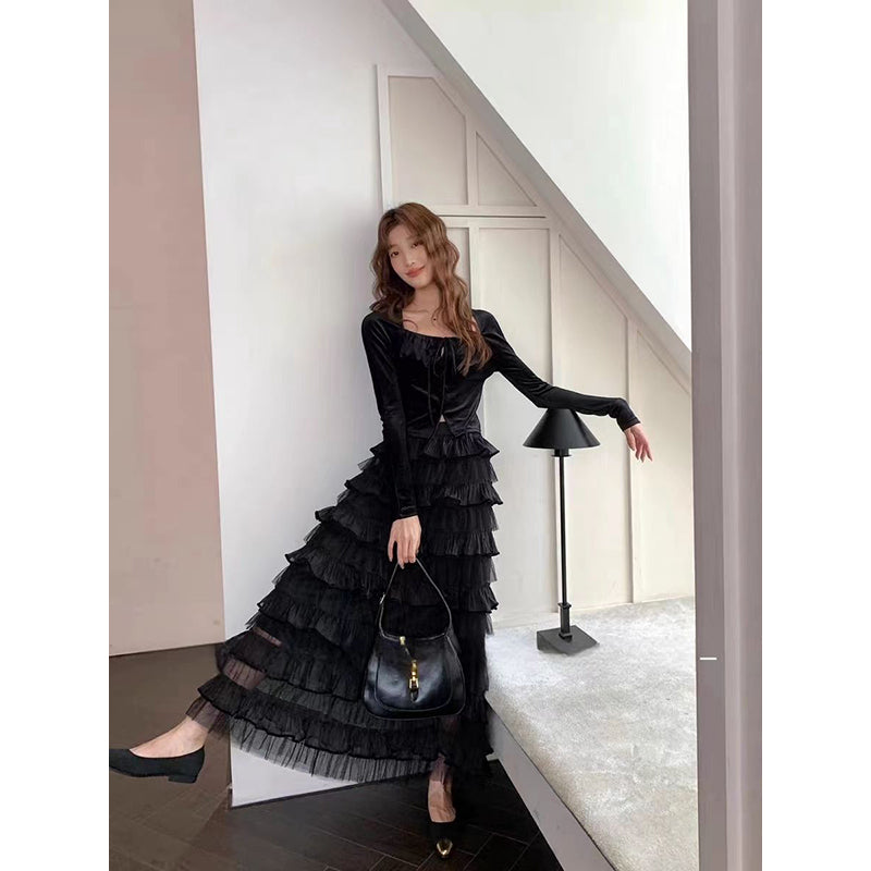 Black Ruffles Tiered Maxi Length Skirt