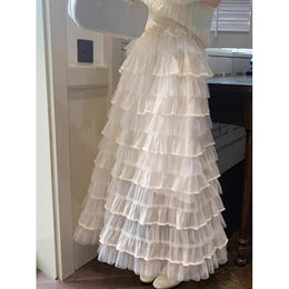 White Tiered Frilled Maxi Skirts