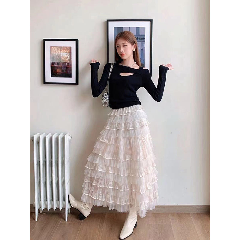 White Tiered Frilled Maxi Skirts