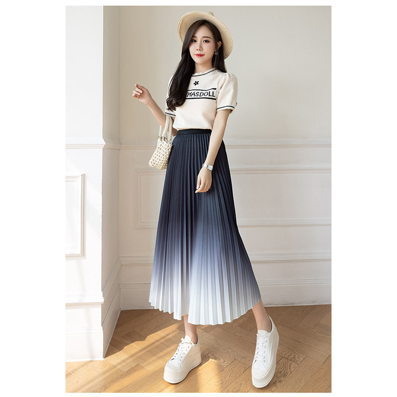 Blue Ombre Dyed Pleated Maxi Skirt