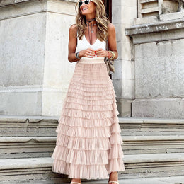 Pink Tiered Flared Maxi Skirt