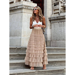 Beige Tiered Maxi Skirt