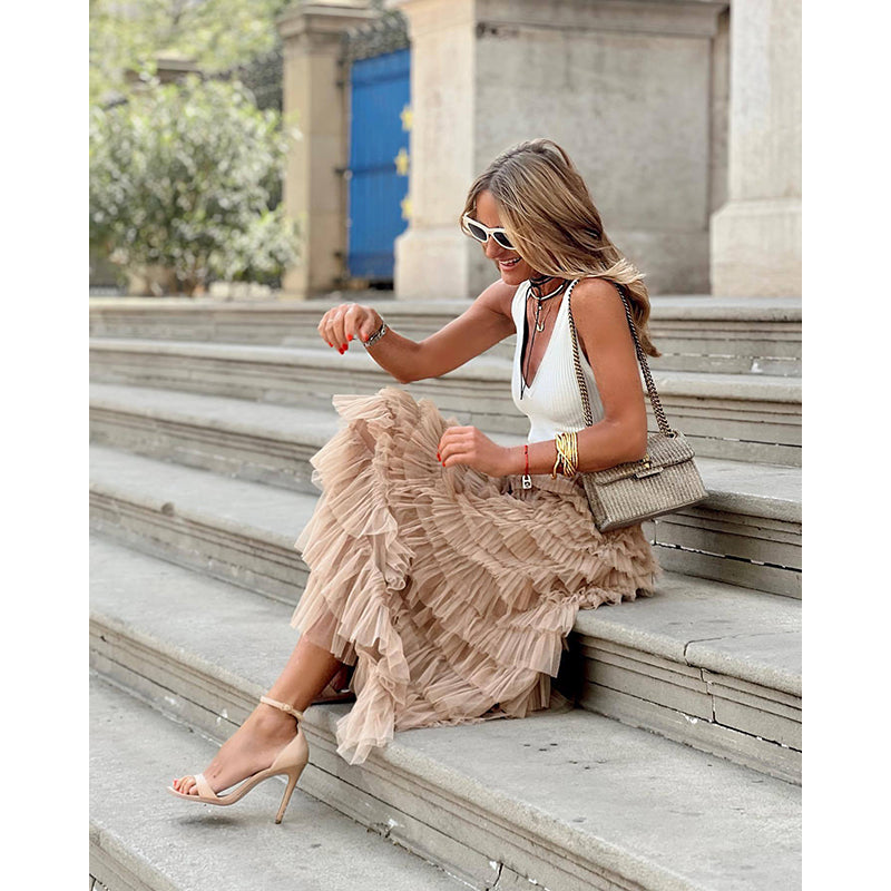 Beige Tiered Maxi Skirt
