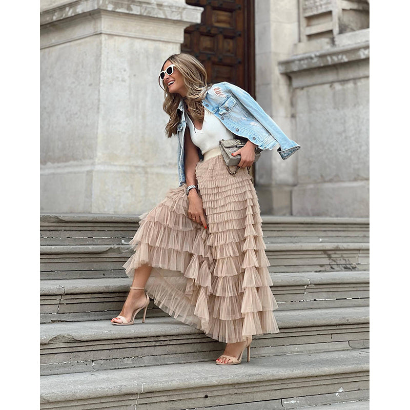 Beige Tiered Maxi Skirt