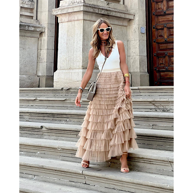 Beige Tiered Maxi Skirt
