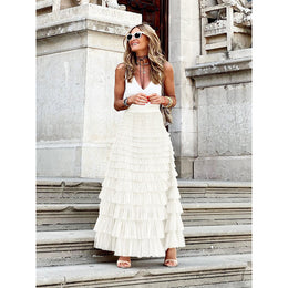 White Tiered Flared Maxi Skirt