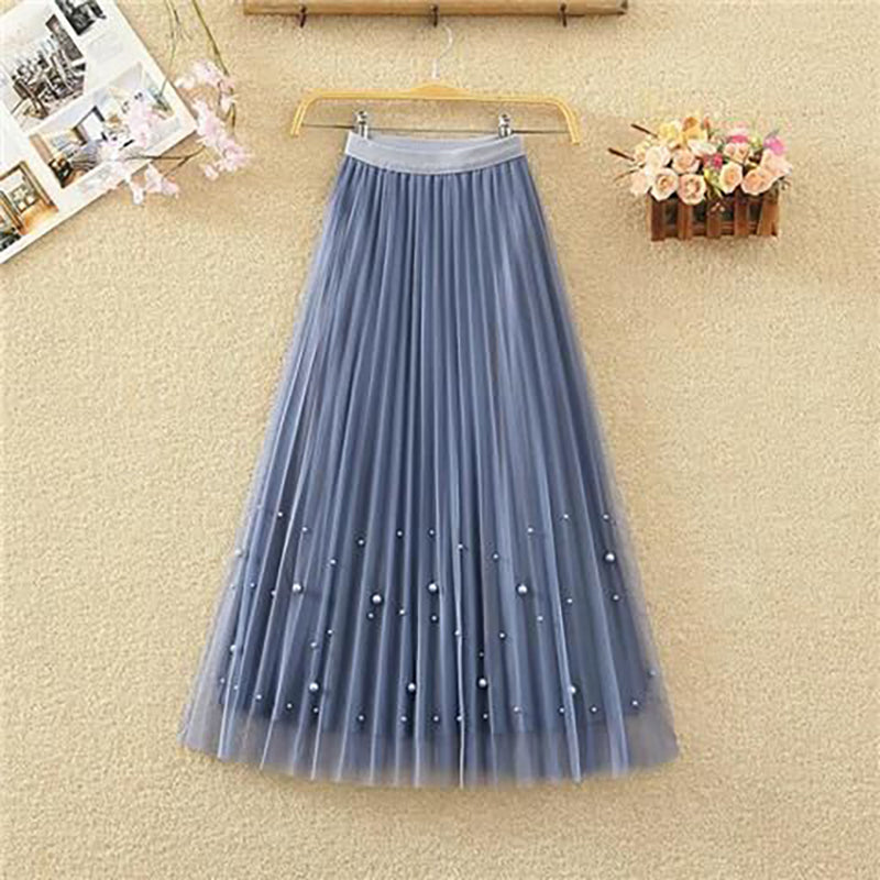 Blue Pleated Embellished Flared Midi Skirt