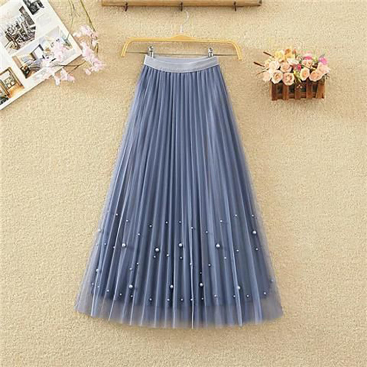 Blue Pleated Embellished Flared Midi Skirt