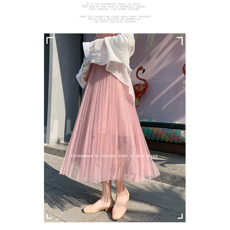 Pink Flared Pleated Midi Skirt