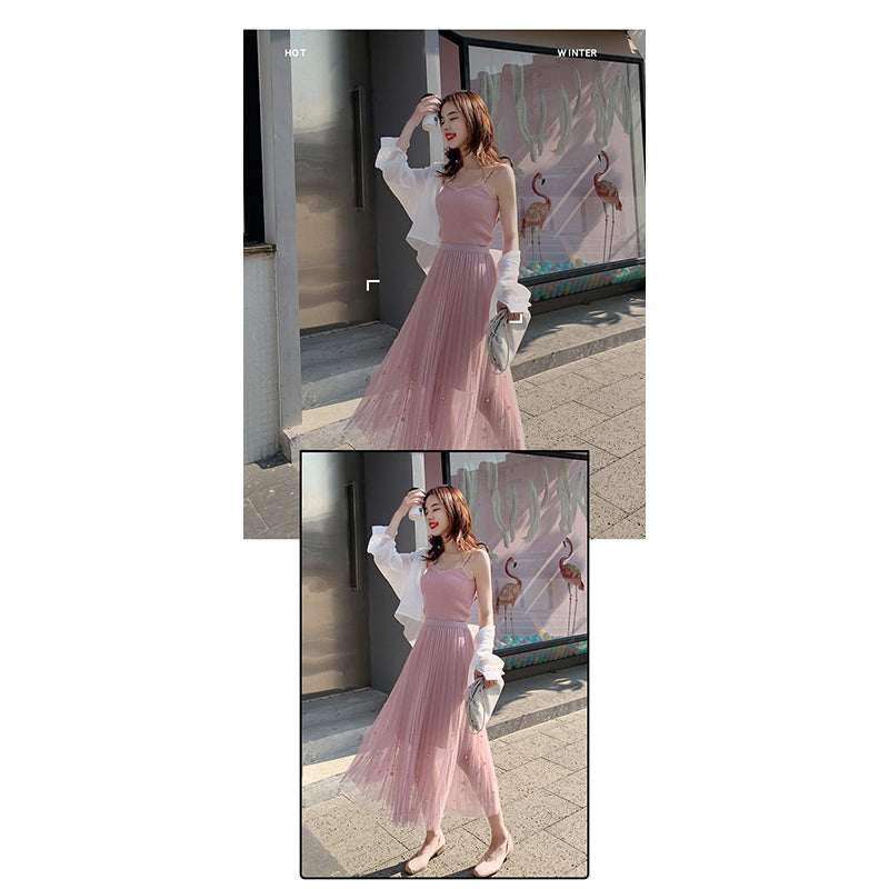 Pink Flared Pleated Midi Skirt