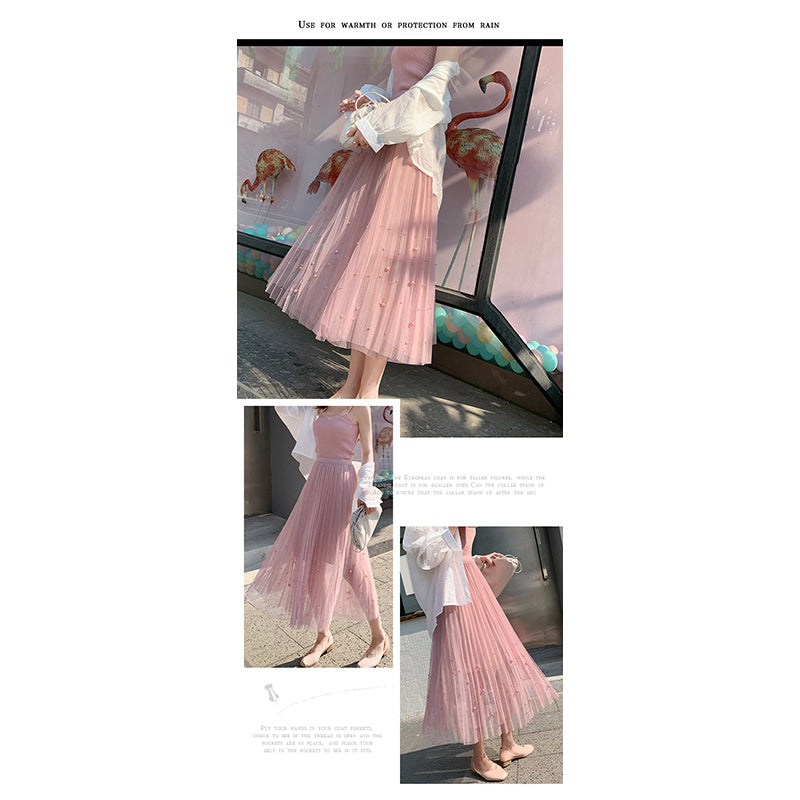 Pink Flared Pleated Midi Skirt