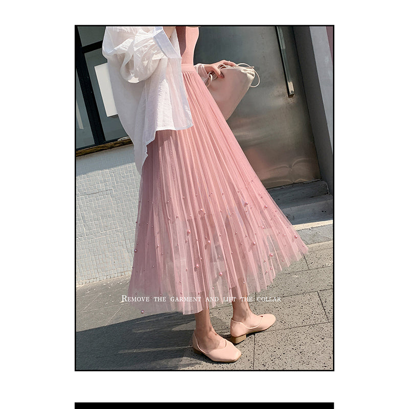 Pink Flared Pleated Midi Skirt