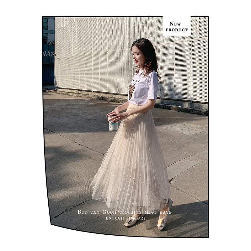 White Flared Pleated Midi Skirt