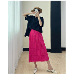 Pink Layered Fringed Accordion Pleats High-Rise Flared Midi Skirt