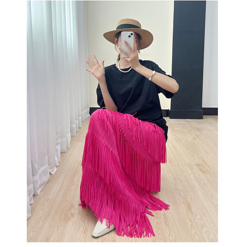 Pink Layered Fringed Accordion Pleats High-Rise Flared Midi Skirt